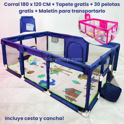 CORRAL EXTRAGRANDE DE 180 x 120 CM +TAPETE GRATIS +30 PELOTAS GRATIS +MALETA PARA GUARDARLO