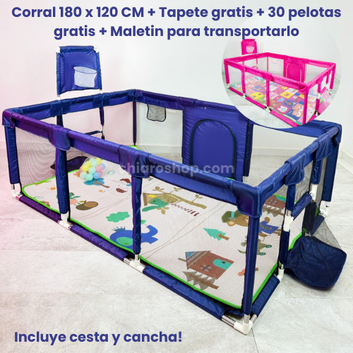 CORRAL EXTRAGRANDE DE 180 x 120 CM +TAPETE GRATIS +30 PELOTAS GRATIS +MALETA PARA GUARDARLO