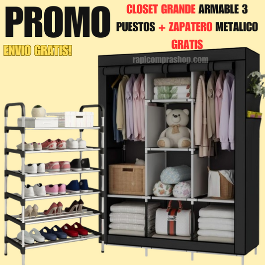 CLOSET ARMABLE 3 PUESTO REFORZADO 1.70M + ZAPATERO DE 6 NIVELES METÁLICO 1.10M GRATIS!