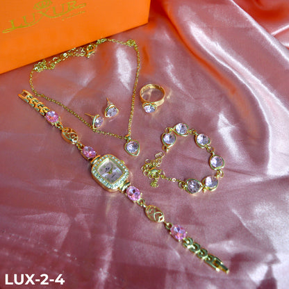 LUJOSO KIT DE RELOJ, PULSERA, ANILLO, ARETES Y COLLAR