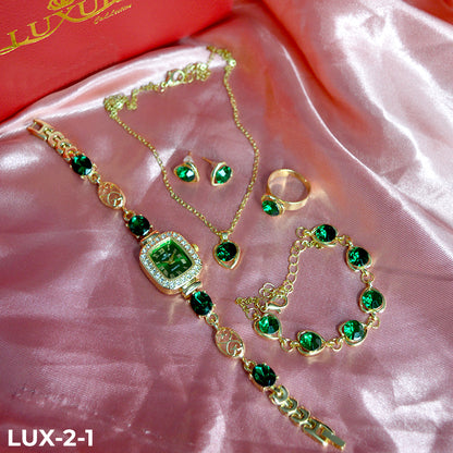 LUJOSO KIT DE RELOJ, PULSERA, ANILLO, ARETES Y COLLAR
